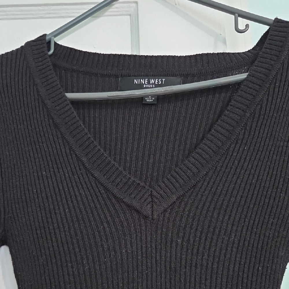 Nine West Black Ribbed V-Neck Women's Dress
